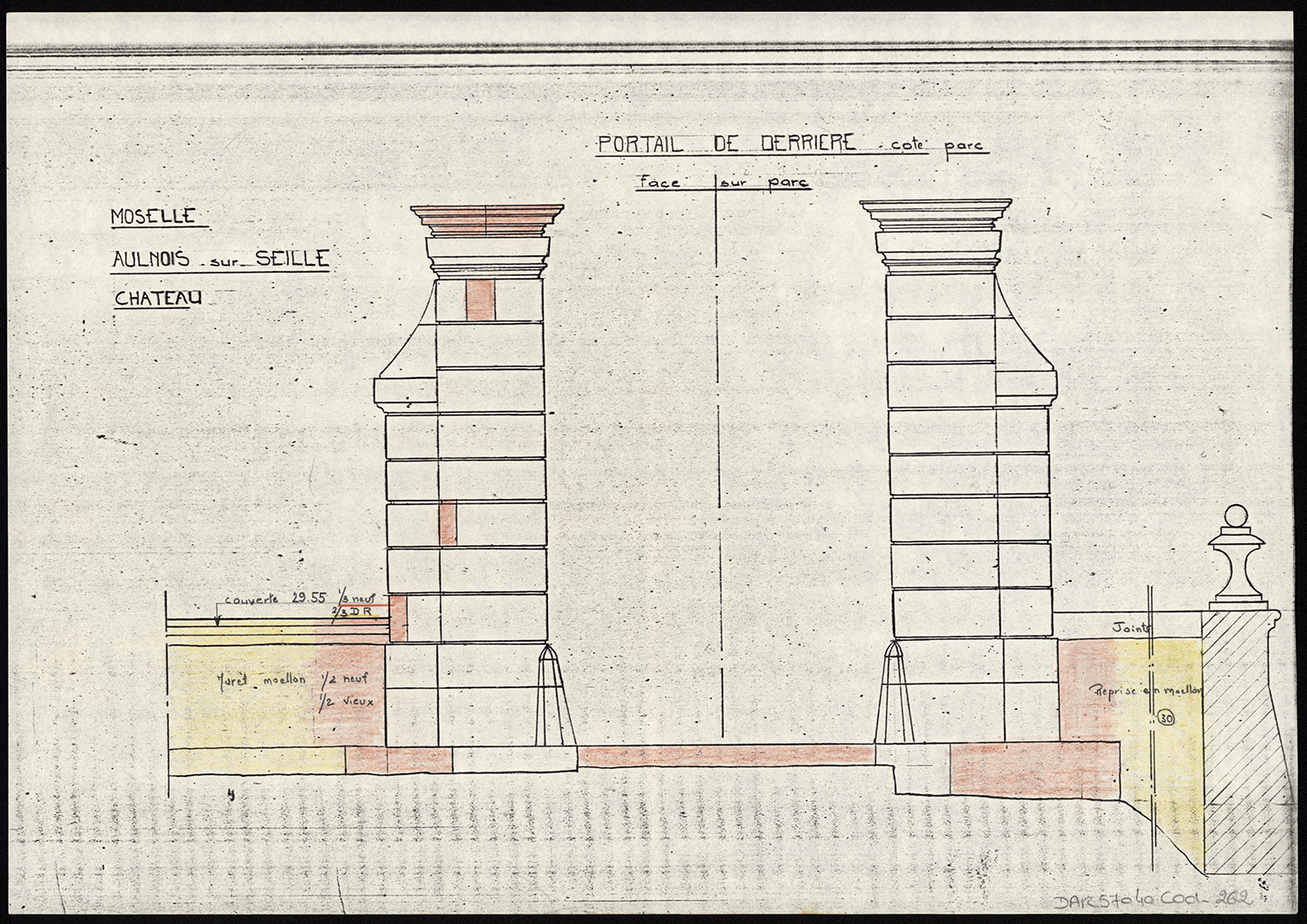 Travaux de restauration, élévations du portail de derrière sur le parc côté parc.