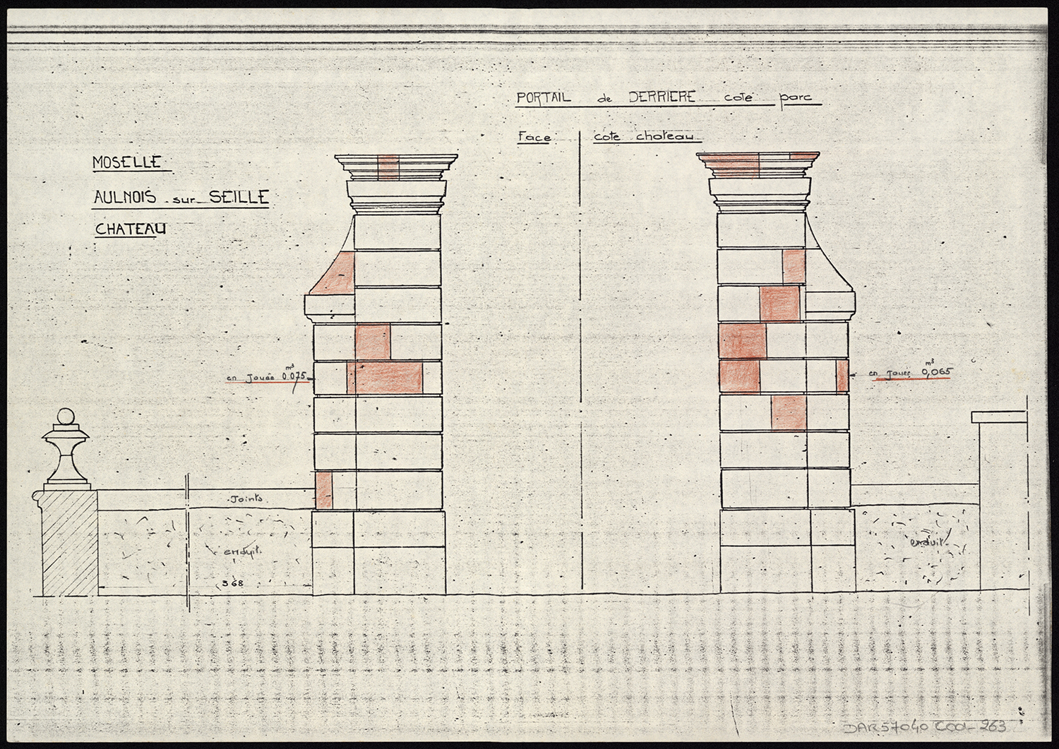 Travaux de restauration, élévations du portail de derrière sur le parc côté château.