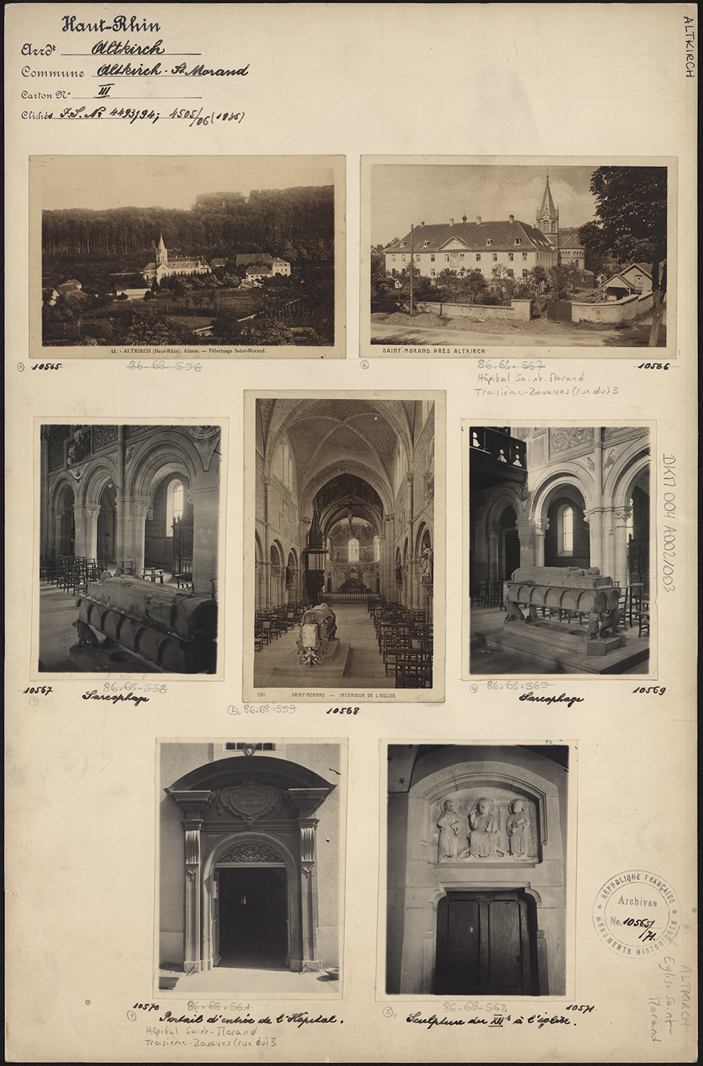 Vues d’ensemble de l’église et de l’hôpital ; vues d’ensemble du tombeau de saint Morand dans la nef ; vues de détails du portail d’entrée de l’hôpital et d’un tympan sculpté de l’église. 