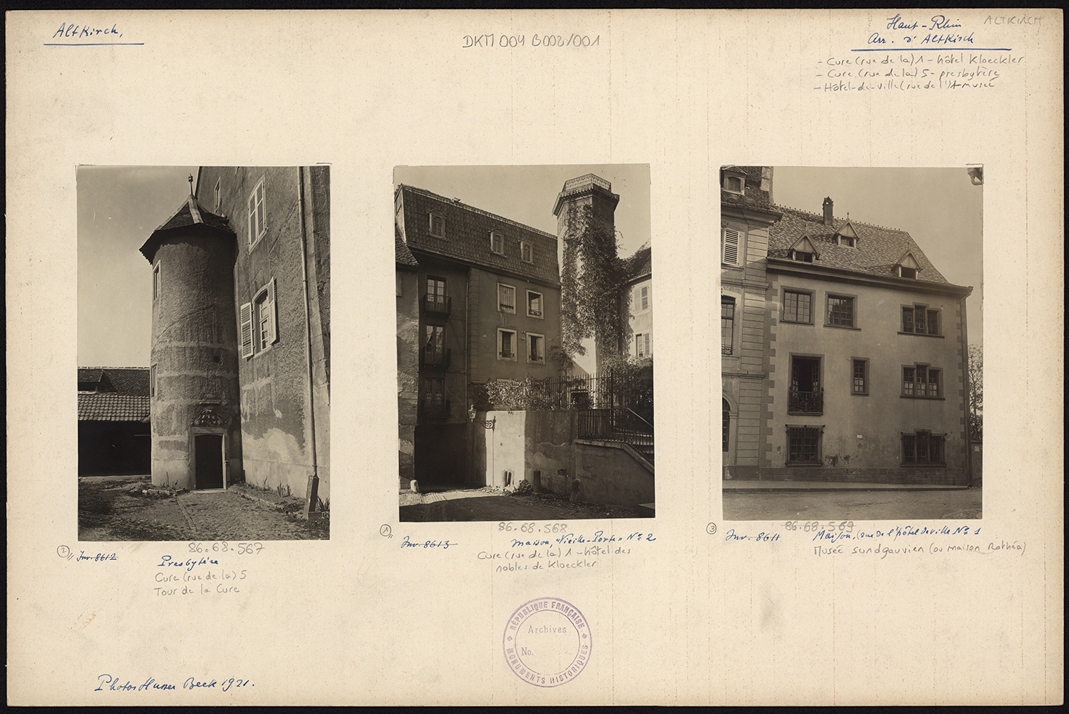 Vues d’ensemble de l’hôtel des nobles de Kloecker et du musée sundgauvien ; vue de détail de la tour d’escalier du presbytère catholique.