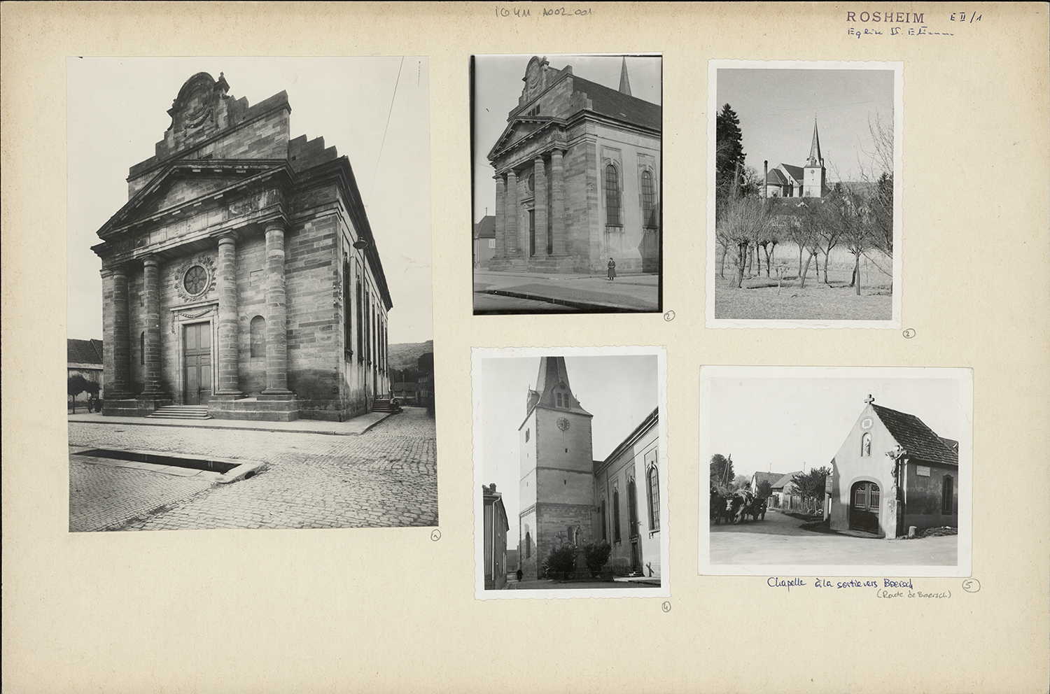 Vues d’ensemble de la façade principale et du clocher, vue d’ensemble d’une chapelle.