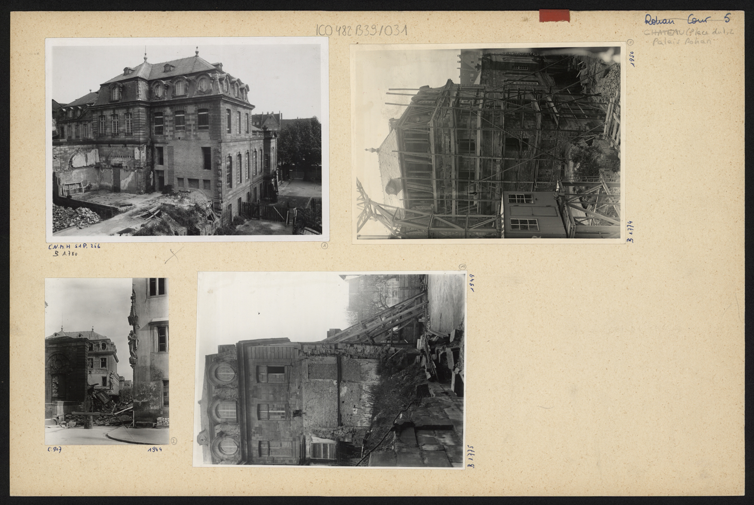 Vues d’ensemble de l’aile ouest après le bombardement de 1944 et vue de détail d’un pavillon en cours de restauration. 