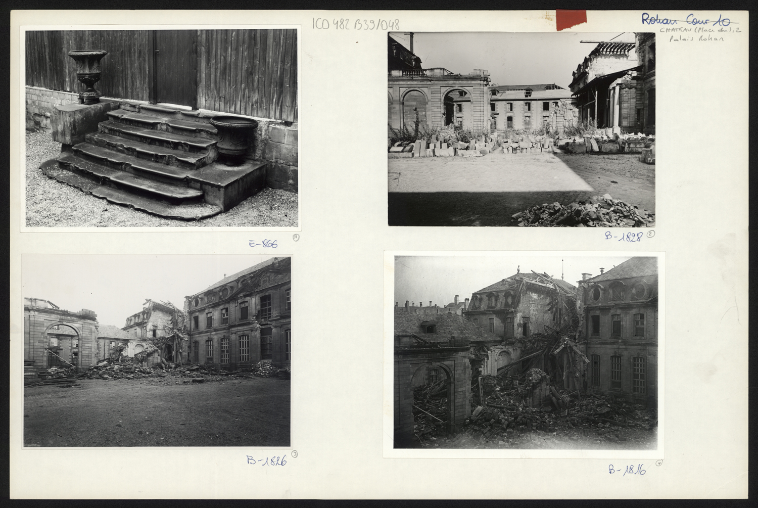 Vues d’ensemble et de détail des dommages de guerre sur la cour d’honneur, la cour secondaire, le pavillon sud-est et d’un escalier. 