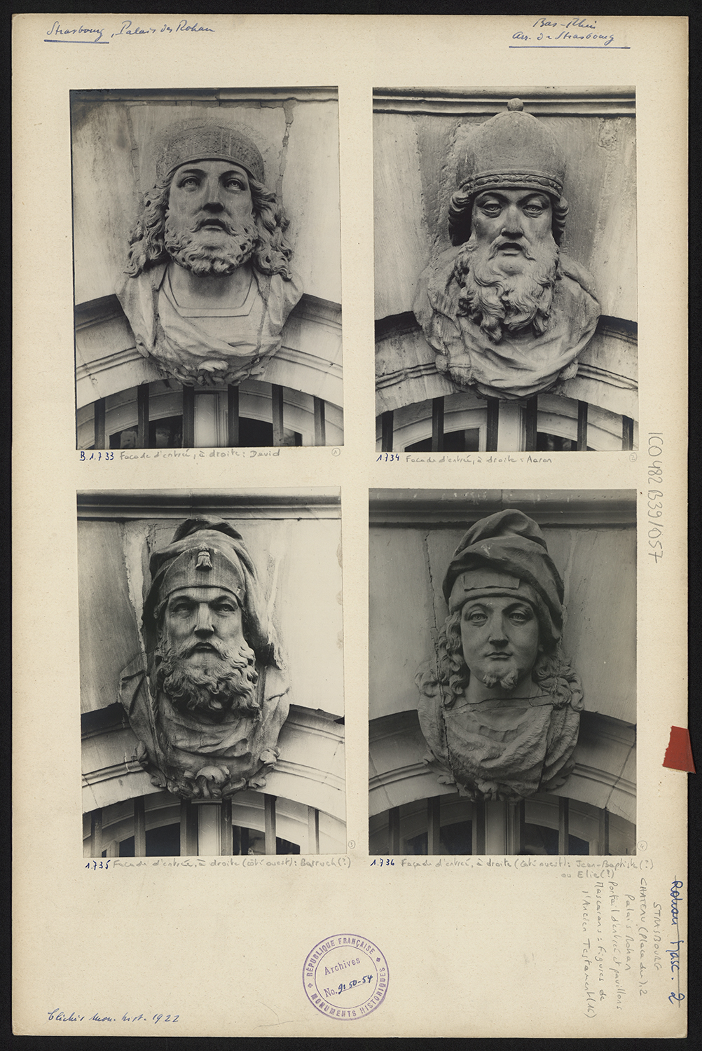 Vues de détail des mascarons aux figures de l’Ancien Testament sur la façade nord.