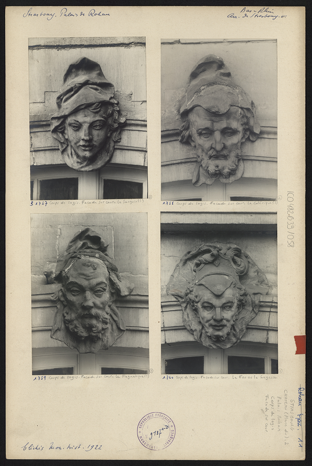 Vues de détail des mascarons aux figures des Humeurs (?) sur le corps de logis côté cour.