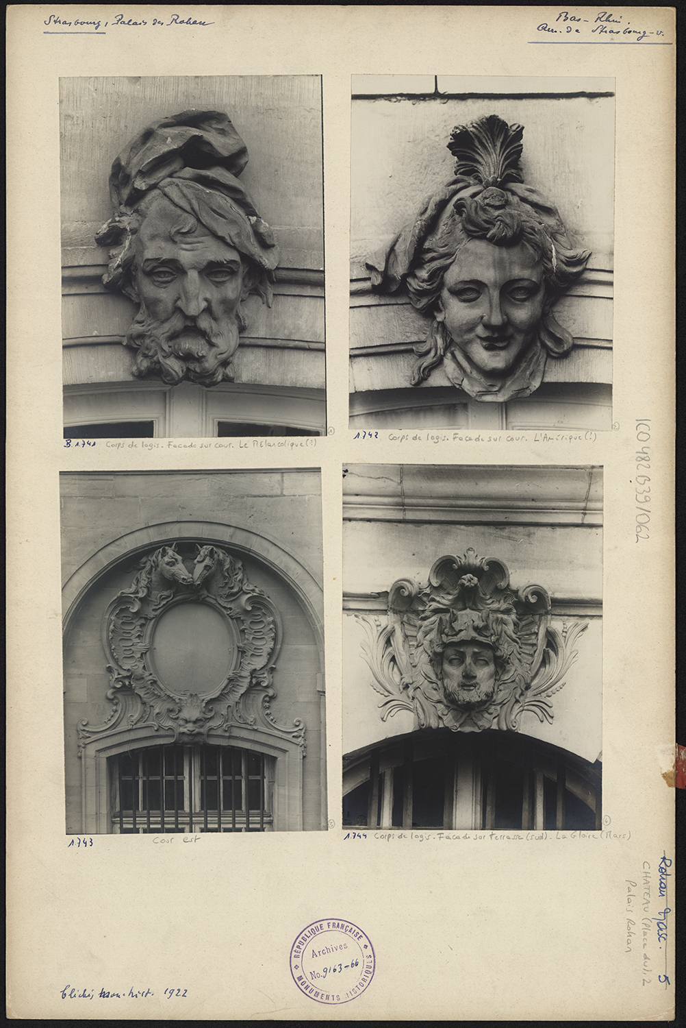 Vues de détail des mascarons et d’un tympan du corps de logis côté cour et du côté de l’Ill.