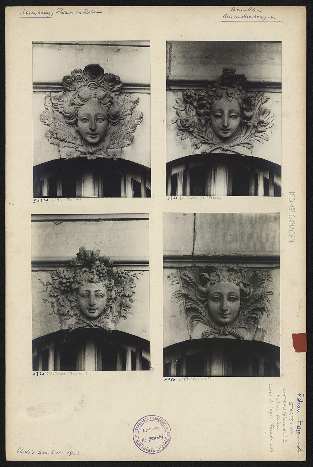 Vues de détail des mascarons aux figures des déesses antiques (?) du corps de logis du côté de l’Ill.