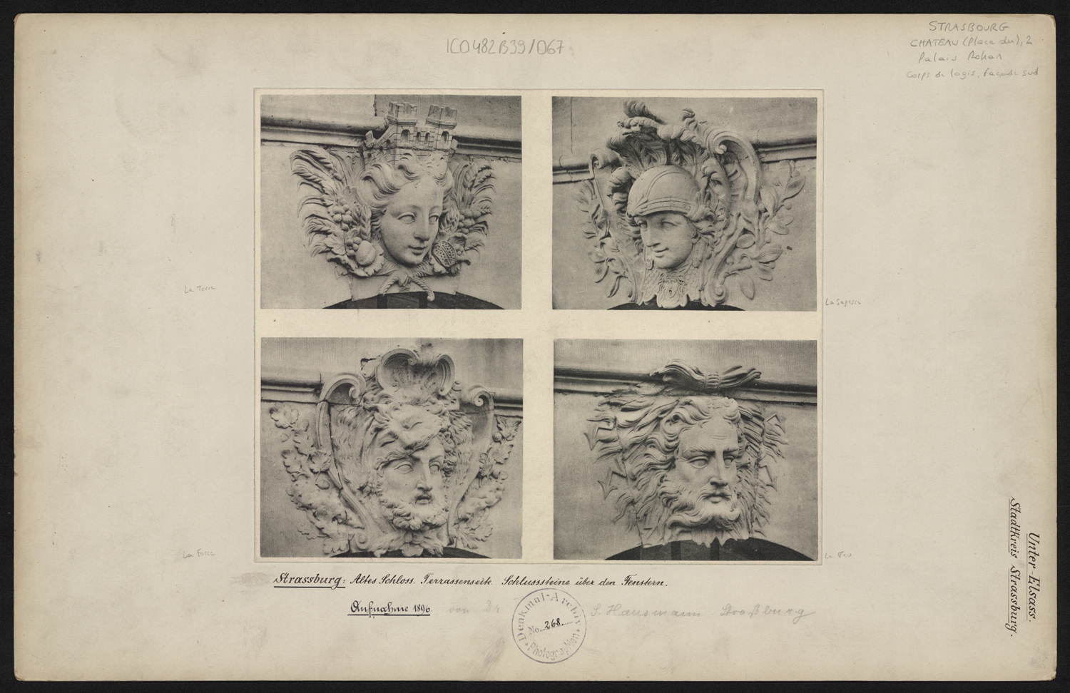 Vues de détail des mascarons aux figures des divinités antiques (?) du corps de logis du côté de l’Ill.