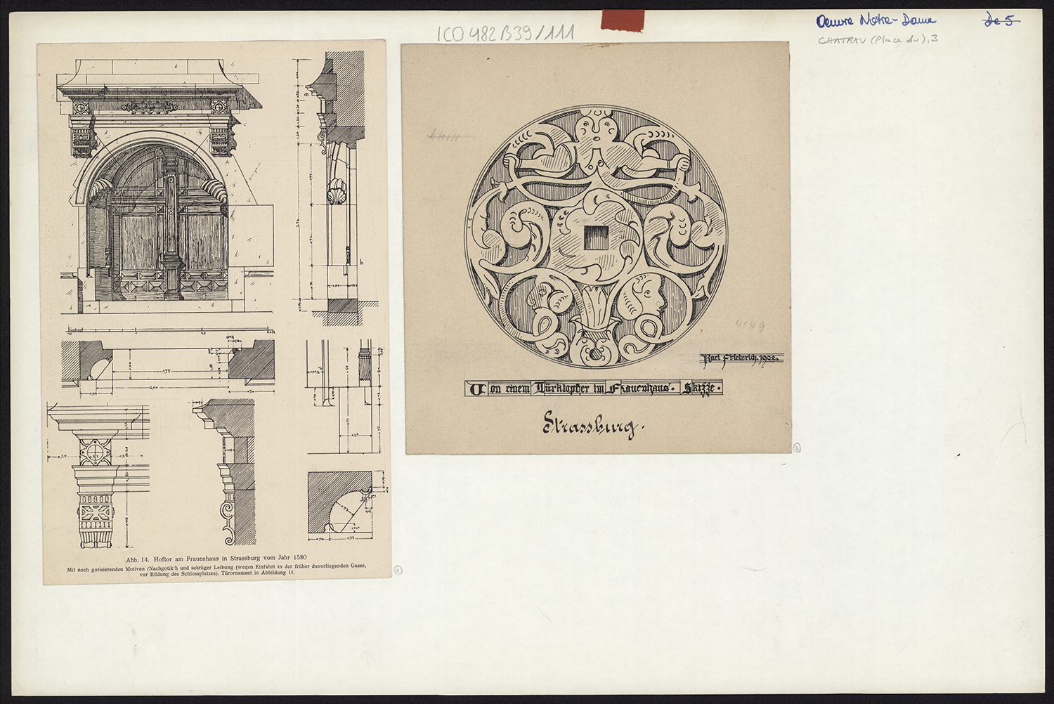 Elévation, coupe et détails du portail principal et détail de la partie arrière du heurtoir.