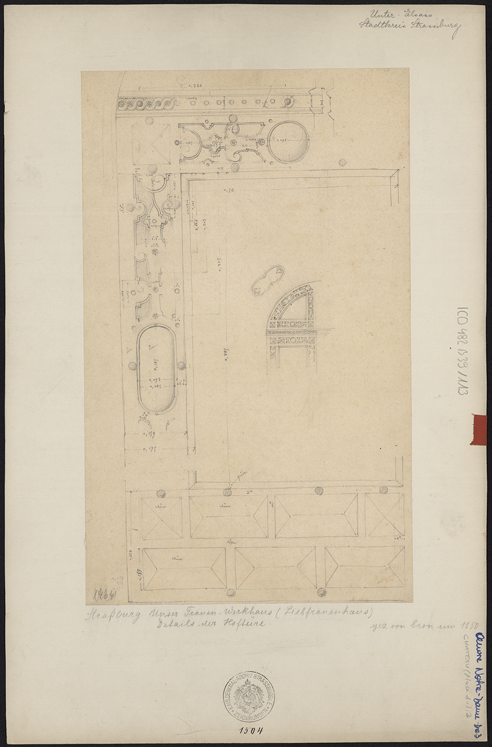 Elévation de la porte sur la cour principale du bâtiment ouest et détail des pentures (?).