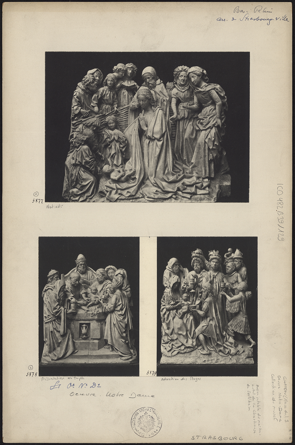 Vues de détails des groupes de la circoncision du Christ, de l'Adoration des Mages et de la Nativité.