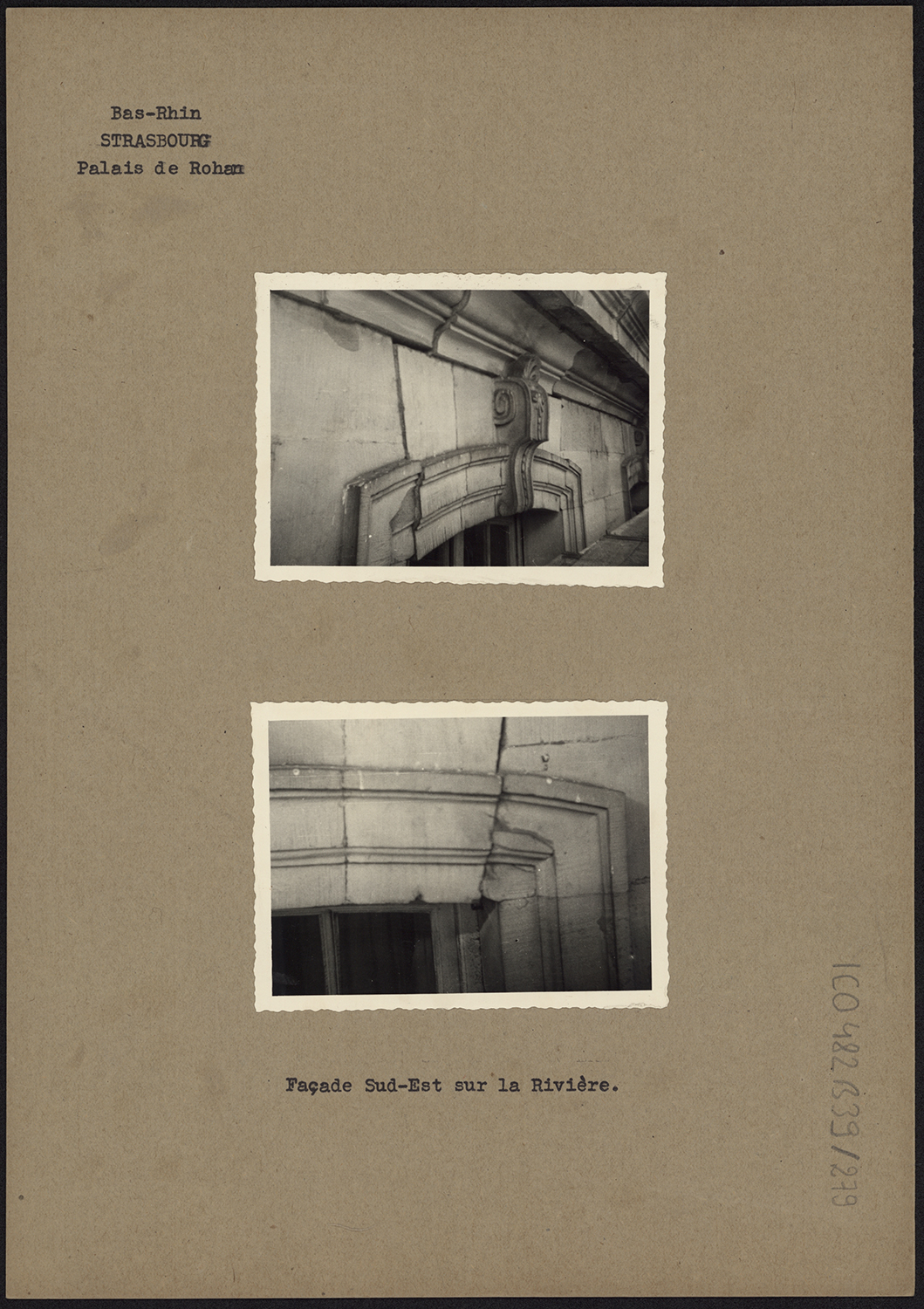 Vues de détails d’une clef de cintre et d’un linteau du deuxième étage de la façade sud.