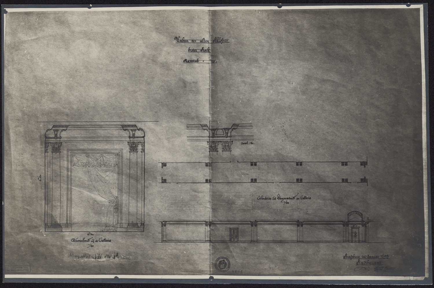 Plan de masse, élévations et détail de la galerie du premier étage du corps du logis.