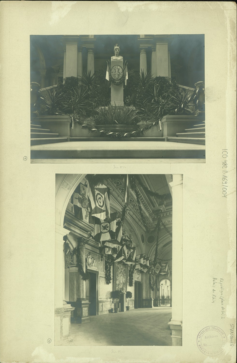 Vue intérieure de la salle des fêtes et vue de détail du palier de l’escalier d’honneur pavoisés pour le 11 novembre 1920.