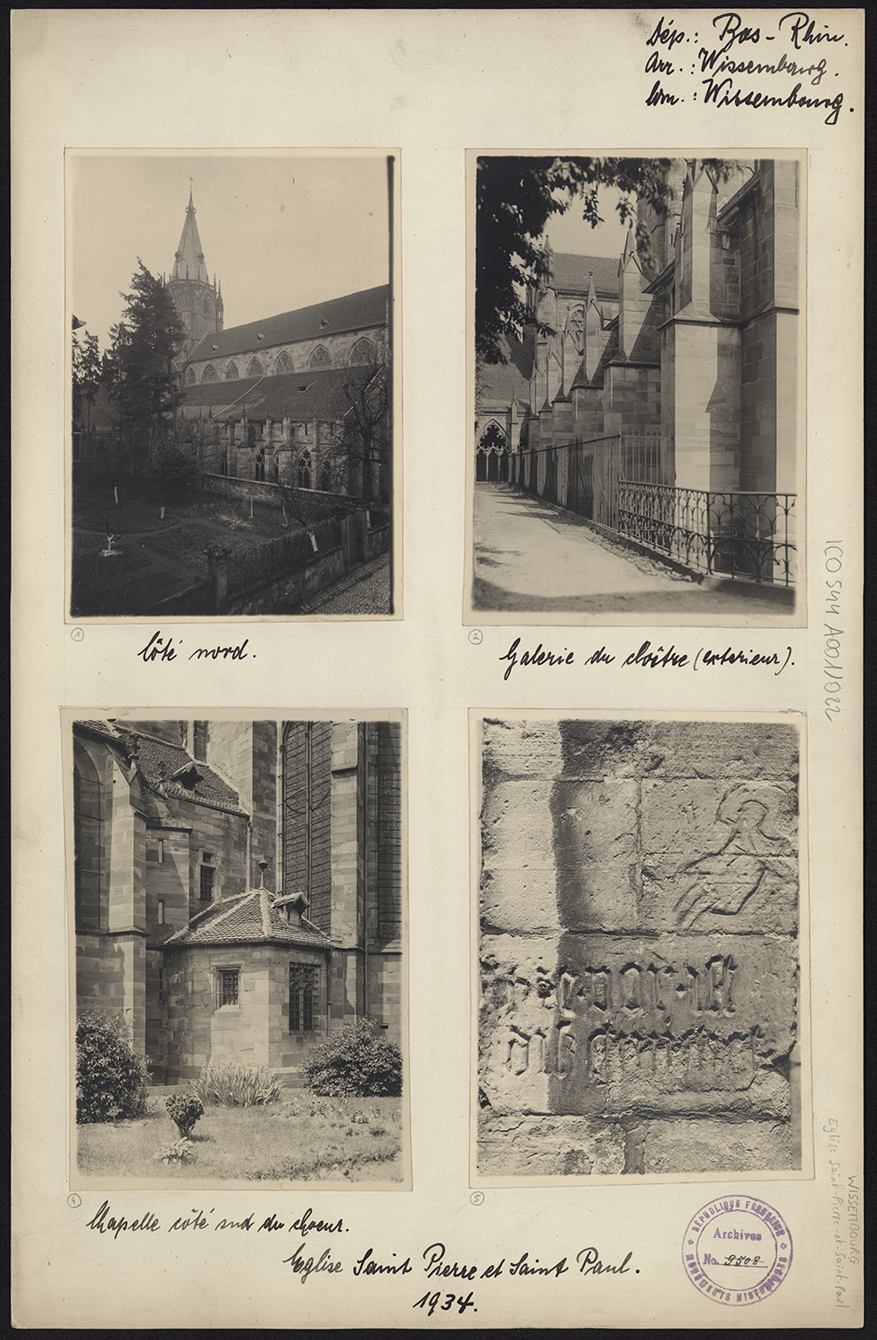 Vues de la façade nord, de la galerie du cloître et de la chapelle absidiale sud, vue de détail.