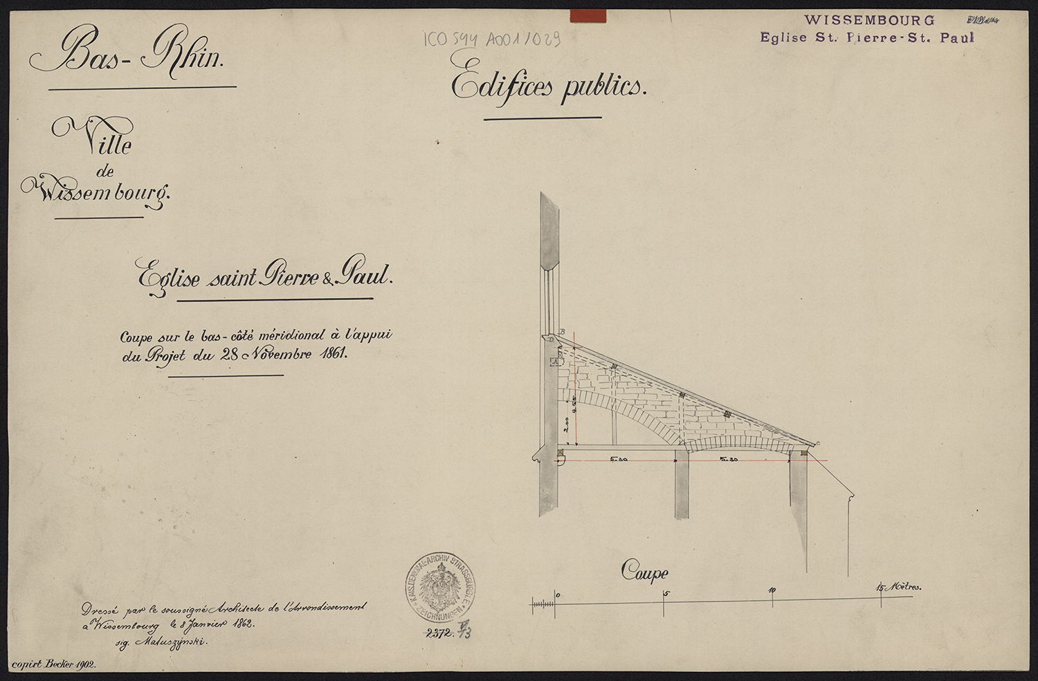 Projet de travaux, coupe transversale sur le bas-côté sud.