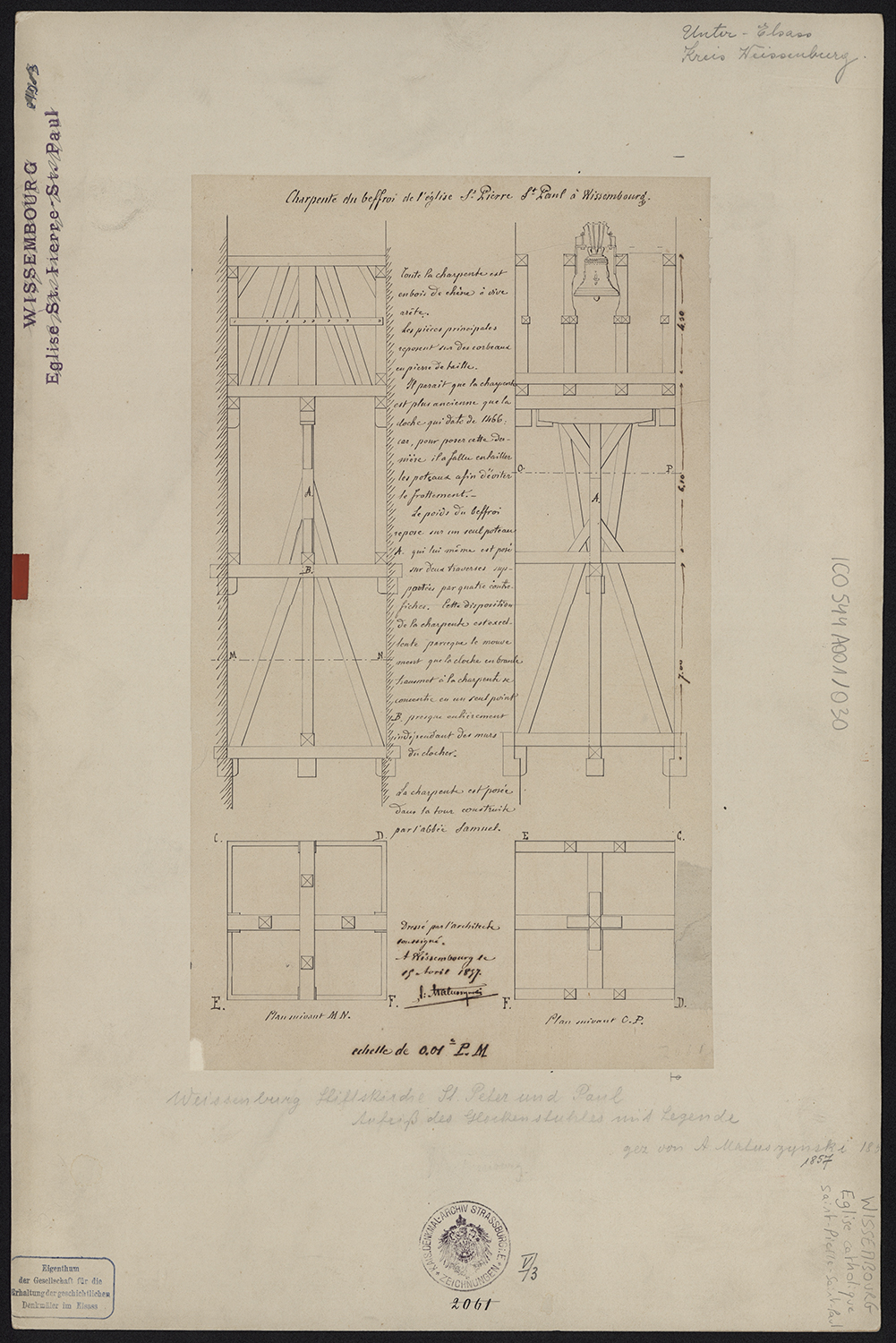 Beffroi, plans de masse et coupes longitudinale et transversale.