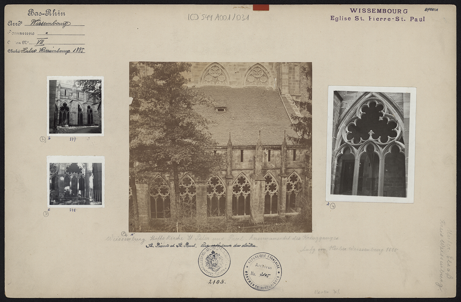 Cloître, vues extérieures d’ensemble et vue de détail d’une baie.