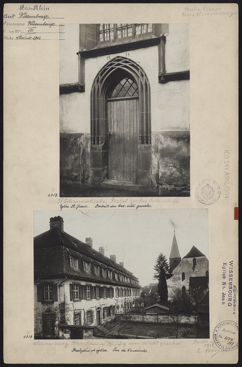 Vues d’ensemble de la façade occidentale et du presbytère, vue de détail d’un portail sculpté.