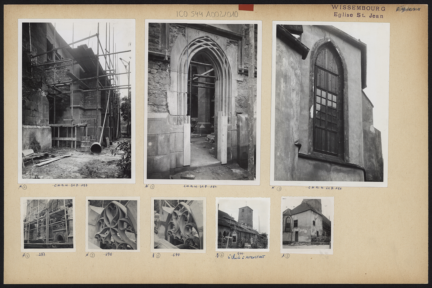 Dommages de guerre, vues d’ensemble du bas-côté nord et du chevet, vue d’ensemble de la façade nord de l’église Saint-Ulrich, vues de détail des baies et des remplages.