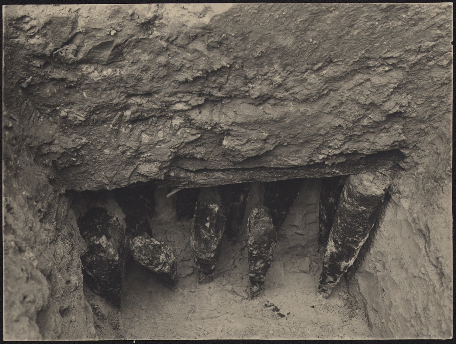 Fouilles archéologiques, vue des pilotis d’assise des fondations du côté nord.