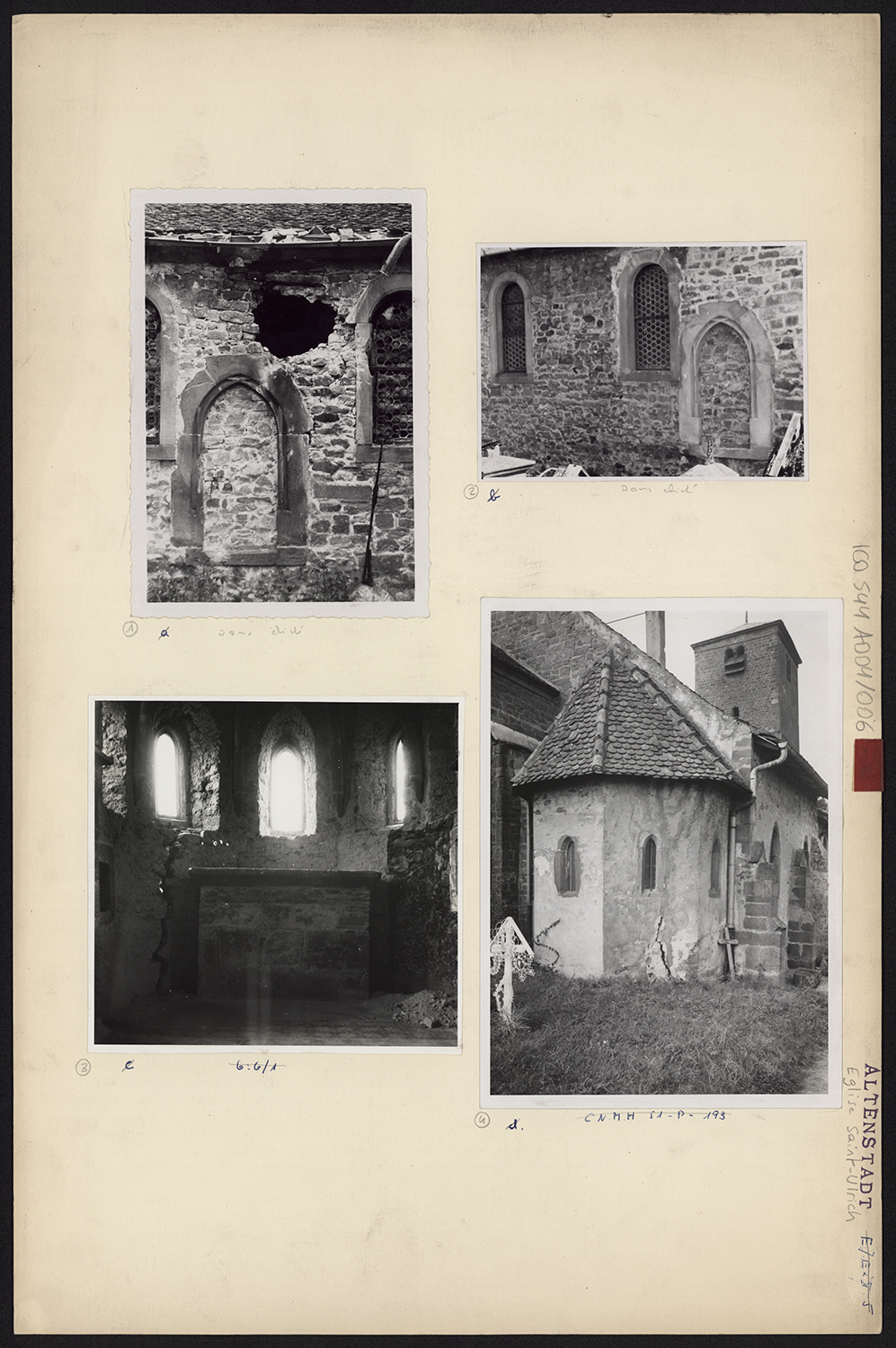 Vues de détail de la porte murée de la façade sud, vue d’ensemble et vue d’intérieur de la chapelle de la Vierge.