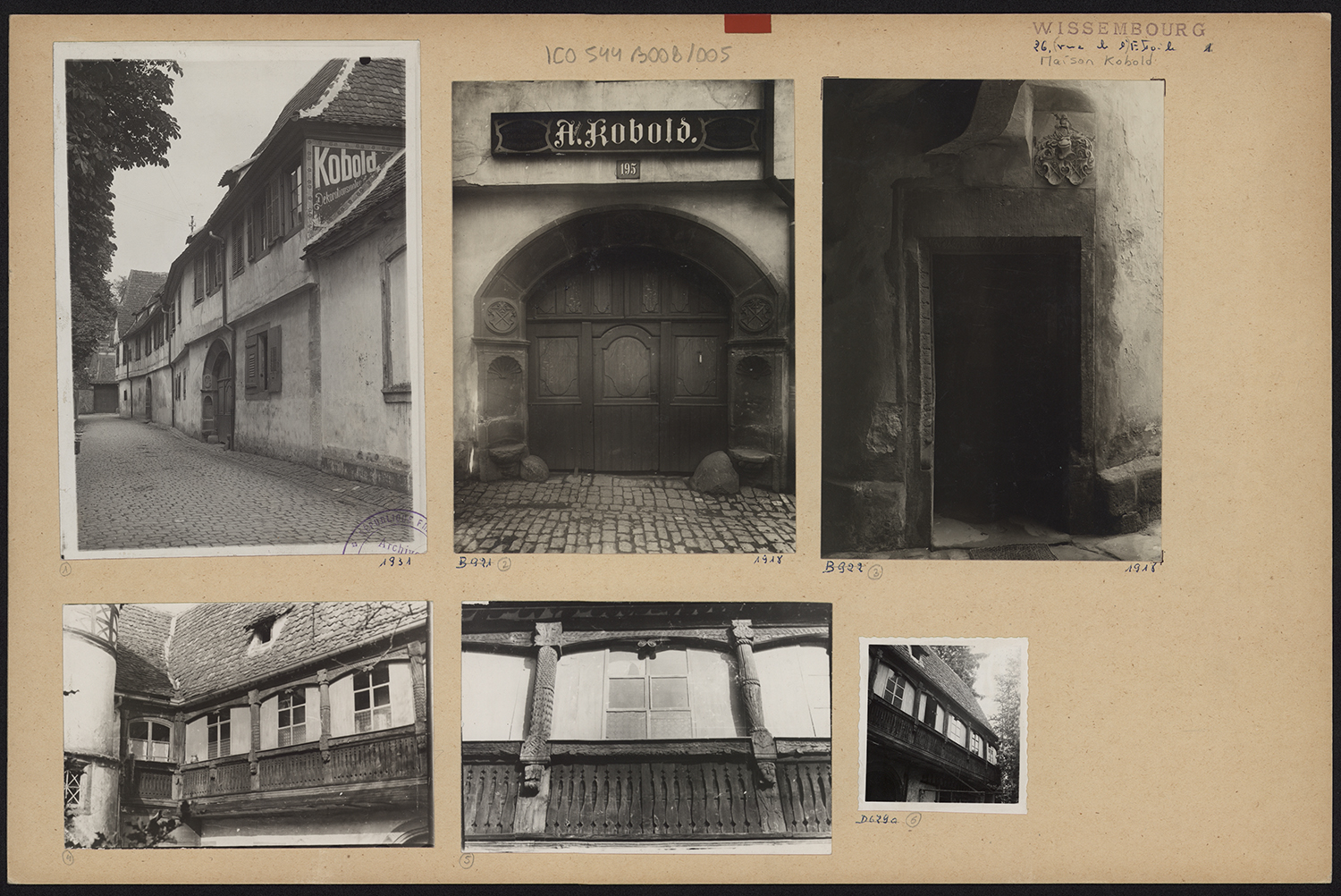 Vue d’ensemble des façades sur rue et sur cour, vues de détail du portail sur rue, de la porte sur l’escalier et d’une travée de la façade sur cour.