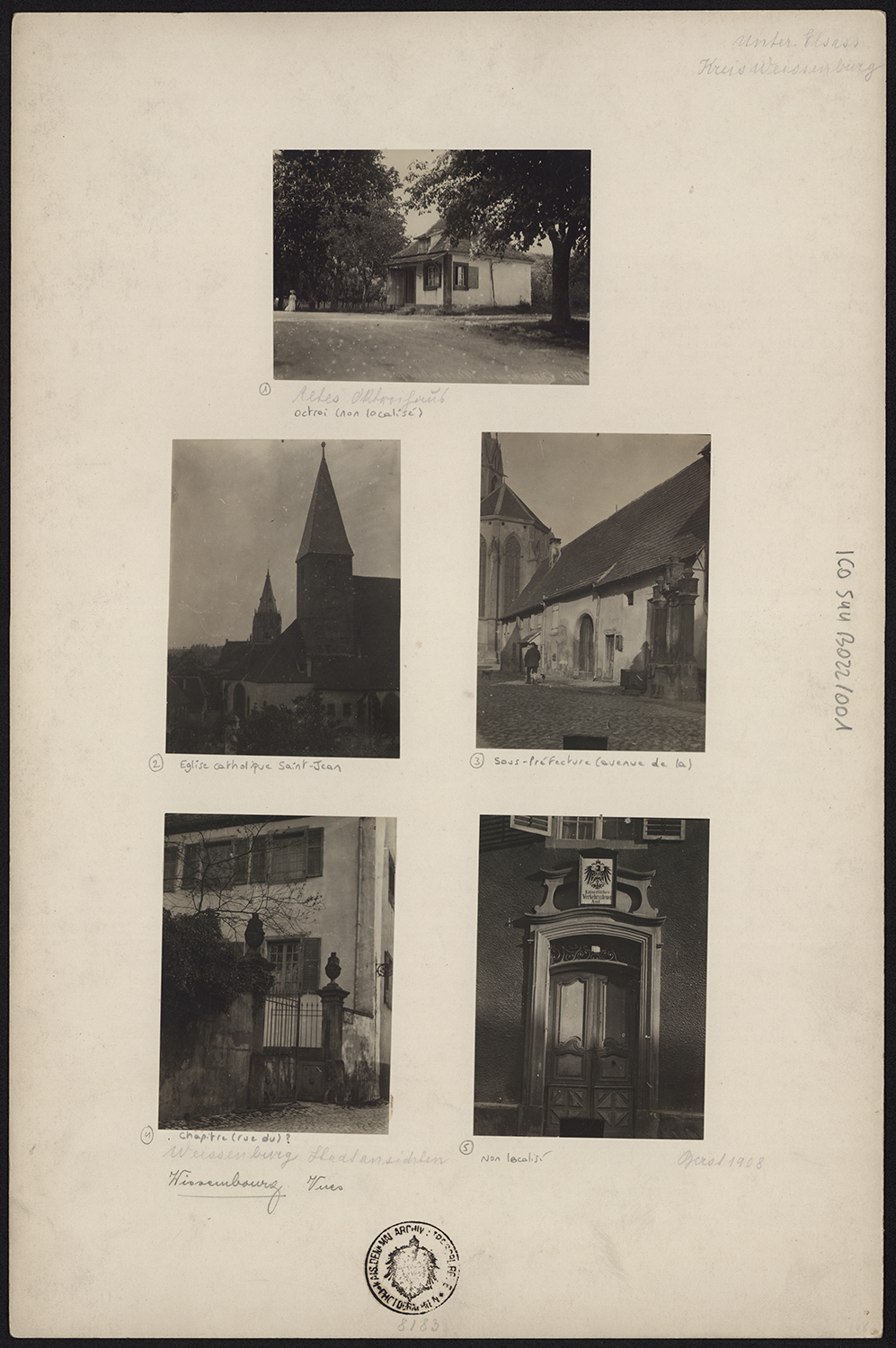 Vue d’ensemble de l’octroi, de la façade sur rue d’une maison disparue, vue de détail du chevet, d’un portail sur rue et d’une porte.