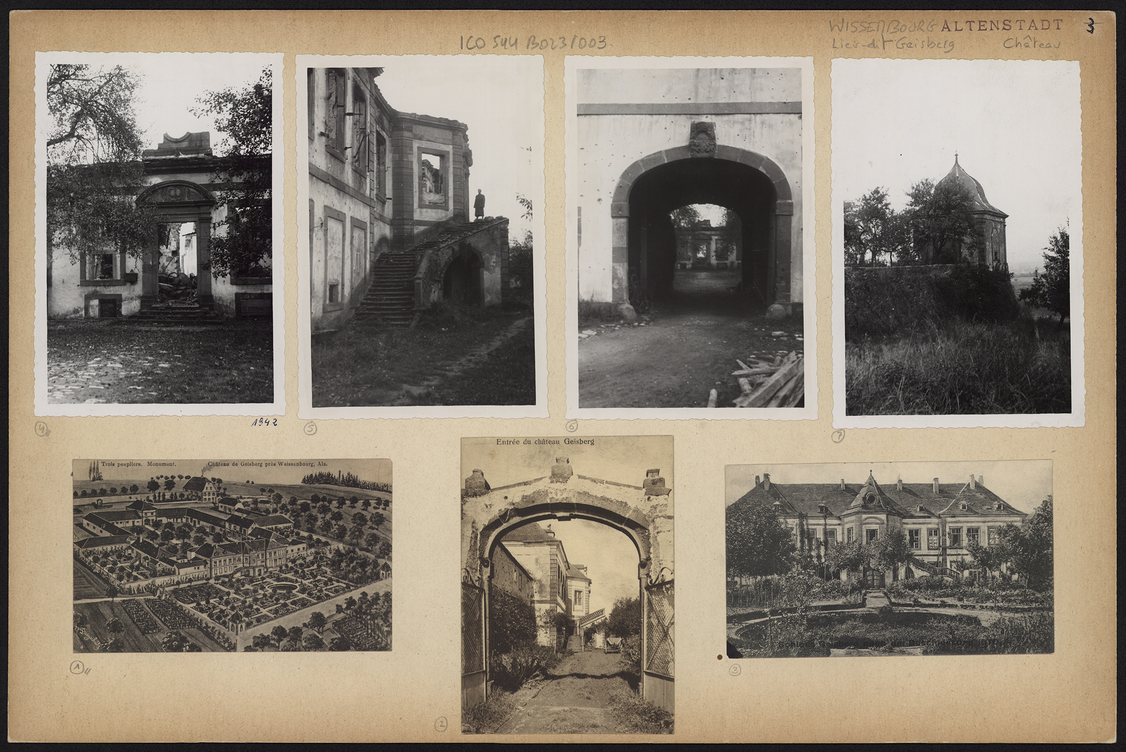 Vue d’ensemble du domaine et de la façade sur jardin, vues de détail des dommages de guerre, vues de détail du portail d’entrée, d’une porte cochère et d’un pavillon du jardin. 