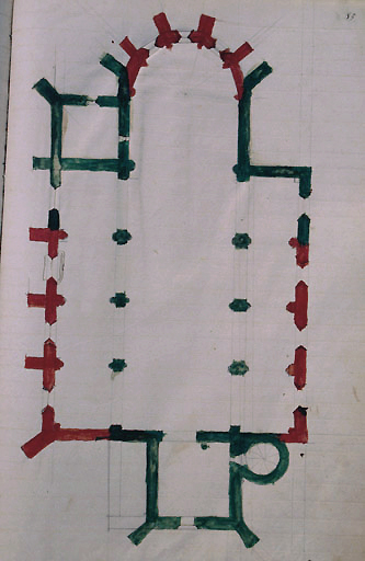 Plan avec extensions figurées en rouge par le curé Besançon vers 1845