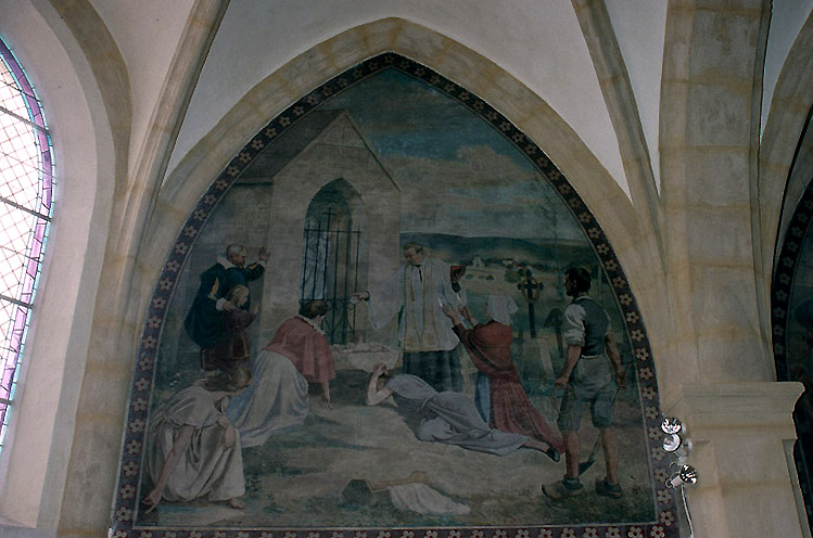 Choeur : peinture murale de l'histoire de Notre-Dame de Bon Rencontre : présentation devant l'oratoire d'un enfant mort sans baptême