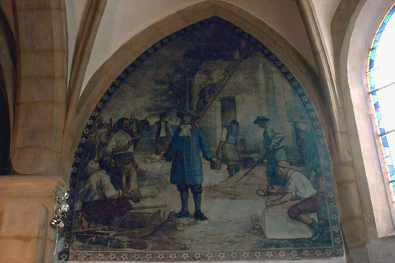 Choeur : peinture murale de l'histoire de Notre-Dame de Bon Rencontre : construction de la chapelle de Montorient