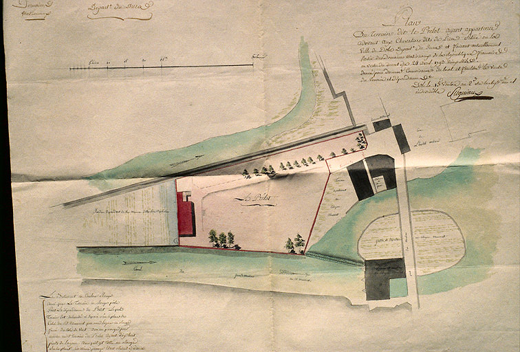 "Plan du terrain dit le Prélot ayant appartenu ci-devant au chevalier dit de l'Arc situé en la ville de Dole", par Sugniaux.