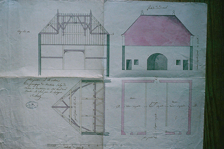 "Plan parter et élévation du grangeage de monsieur Laloy de Rahon à construir en 1836...".