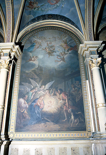 Peinture murale de la chapelle du collège : Adoration des Bergers.