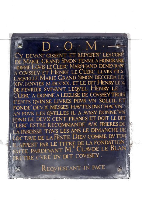 Plaque funéraire de Marie Grand Simon ou Grandsimon (inscription funéraire)