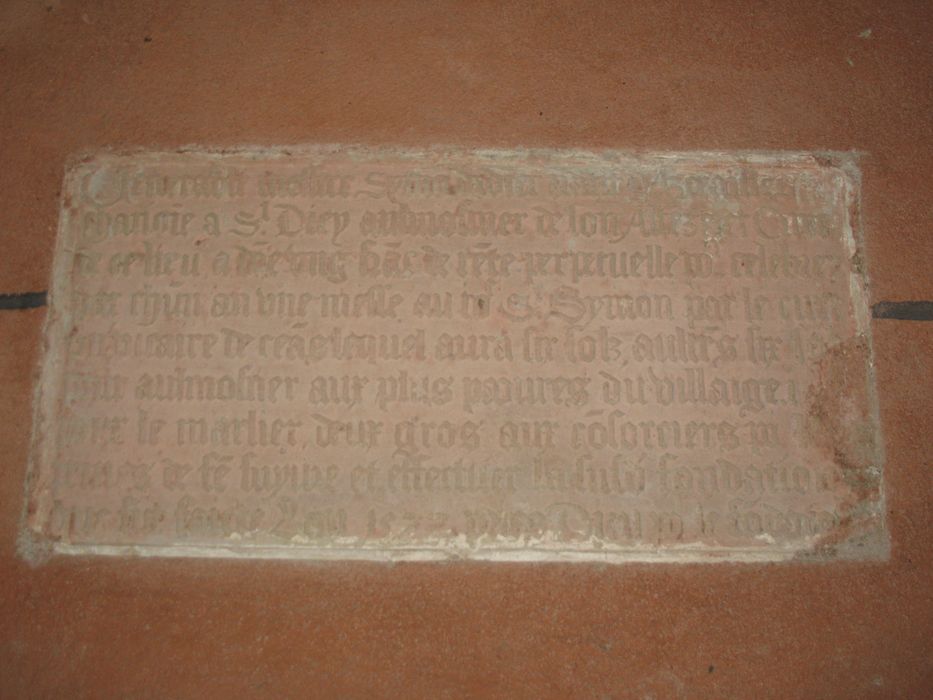 plaque commémorative de fondation de messe de Simon Didier, d'Auzervillers, chanoine de Saint-Dié, aumônier du duc de Lorraine, curé de Mandray