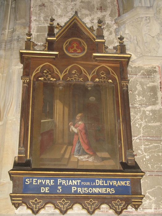 tableau de la vie de saint Epvre, cadre : Saint Epvre priant pour la délivrance de trois prisonniers