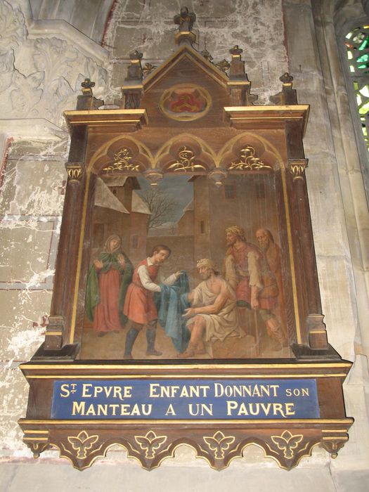 tableau de la vie de saint Epvre, cadre : Saint Epvre enfant donnant son manteau à un pauvre