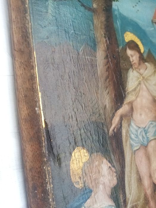 triptyque, détail du panneau n°4 (intérieur) : Apparition du Christ à la Vierge après sa Résurrection, apparation du Christ à la Madeleine