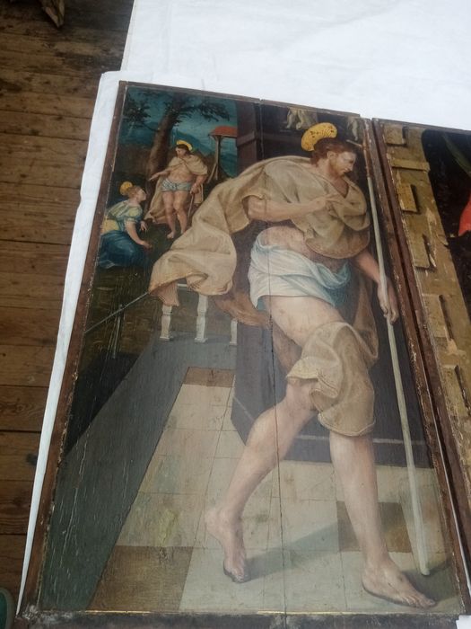 triptyque, détail du panneau n°4 (intérieur) : Apparition du Christ à la Vierge après sa Résurrection, apparation du Christ à la Madeleine