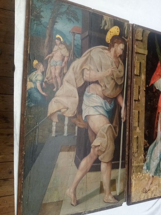 triptyque, détail du panneau n°4 (intérieur) : Apparition du Christ à la Vierge après sa Résurrection, apparation du Christ à la Madeleine