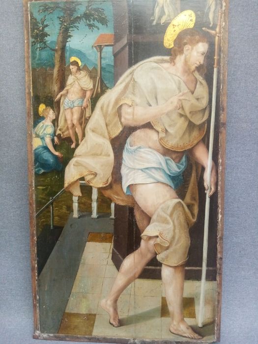 triptyque, détail du panneau n°4 (intérieur) : Apparition du Christ à la Vierge après sa Résurrection, apparation du Christ à la Madeleine