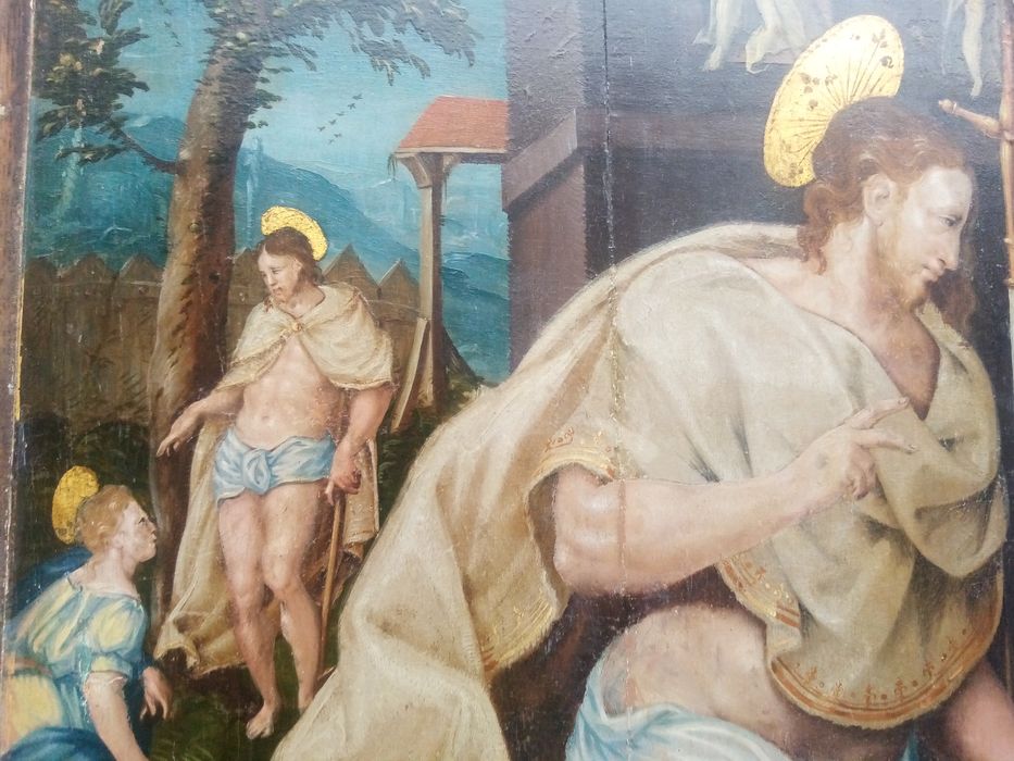 triptyque, détail du panneau n°4 (intérieur) : Apparition du Christ à la Vierge après sa Résurrection, apparation du Christ à la Madeleine