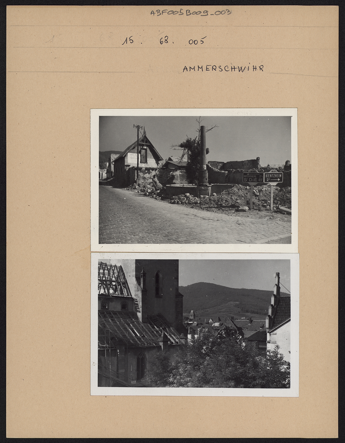 Dommages de guerre, vue d’ensemble de la fontaine, vue de détail de la façade nord de l’église.