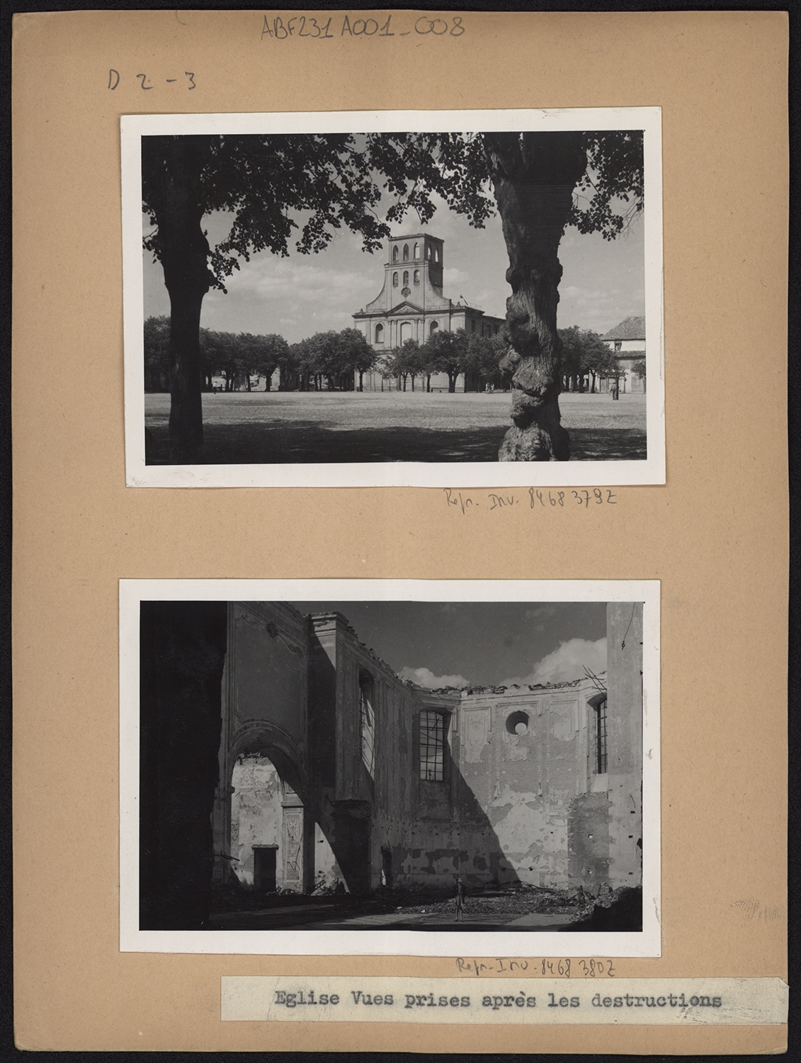Dommages de guerre, vue d’ensemble du côté sud et vue intérieure du choeur.