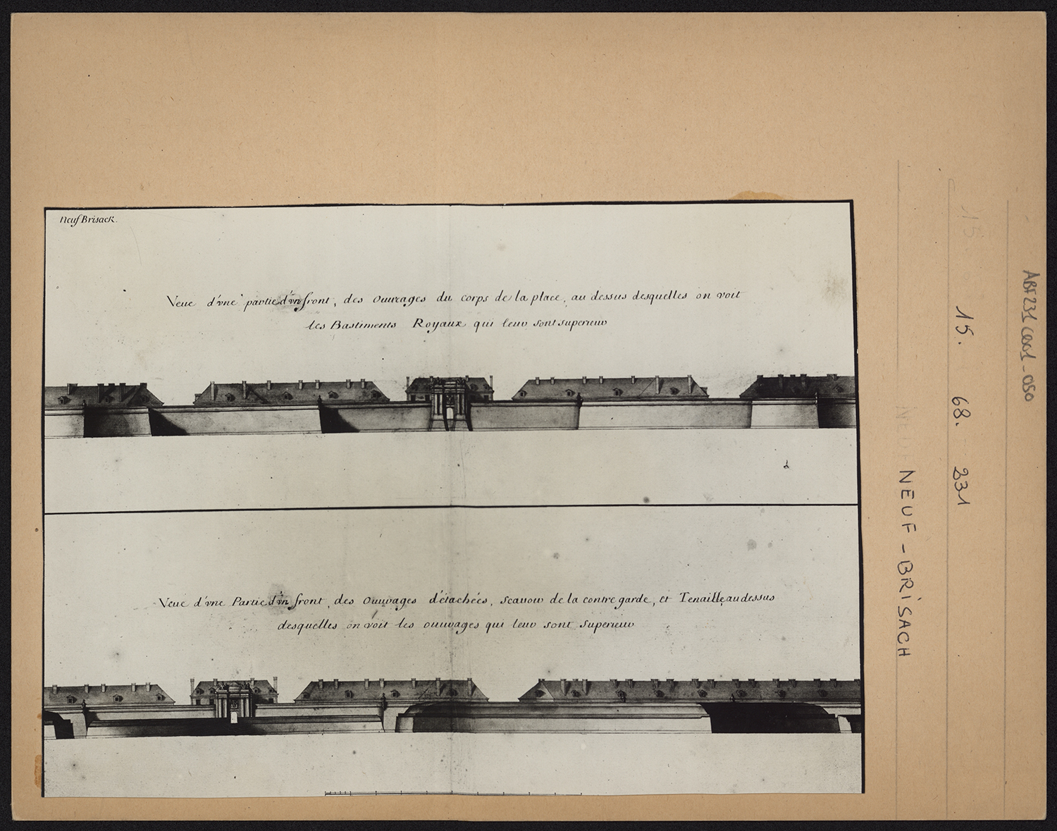 Elévations d’une section des remparts et des édifices défensifs hors ville.