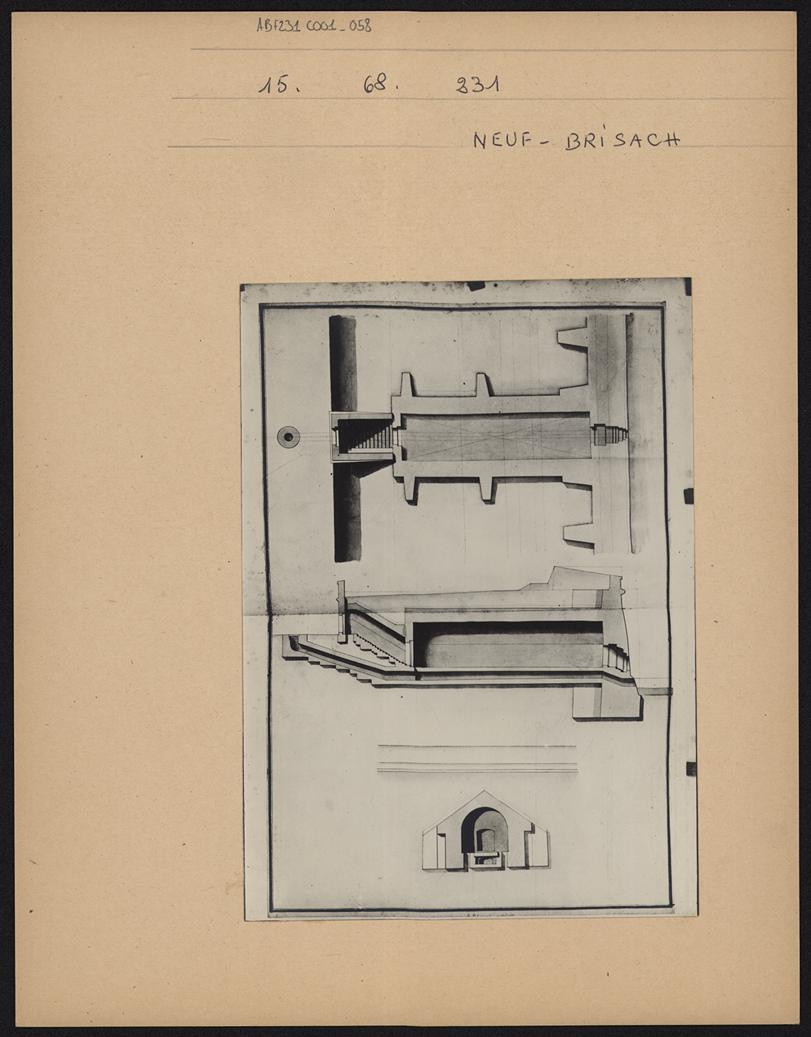 Plan de masse, élévation et coupe d’une poterne.