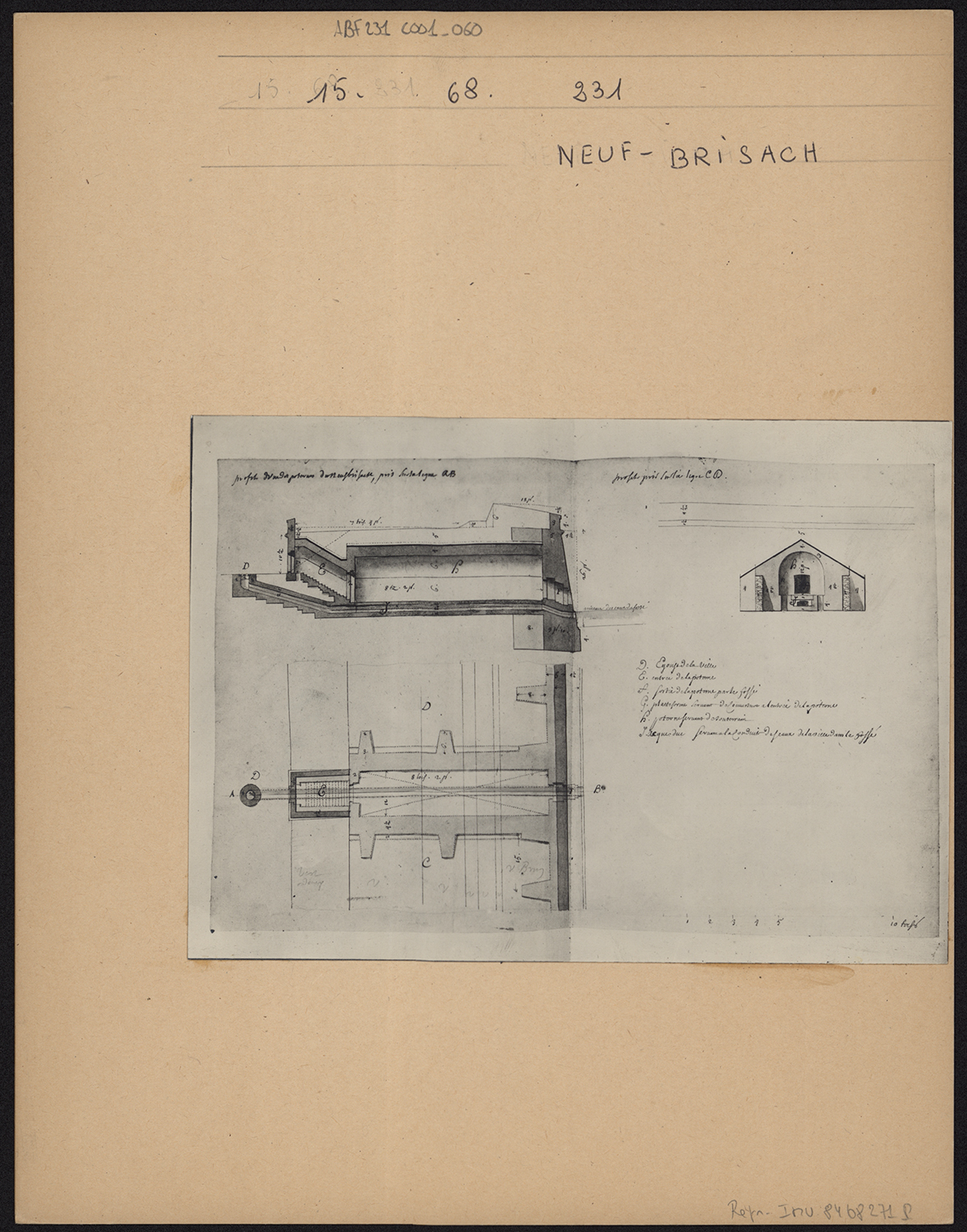 Plan de masse, élévation et coupe d’une poterne.