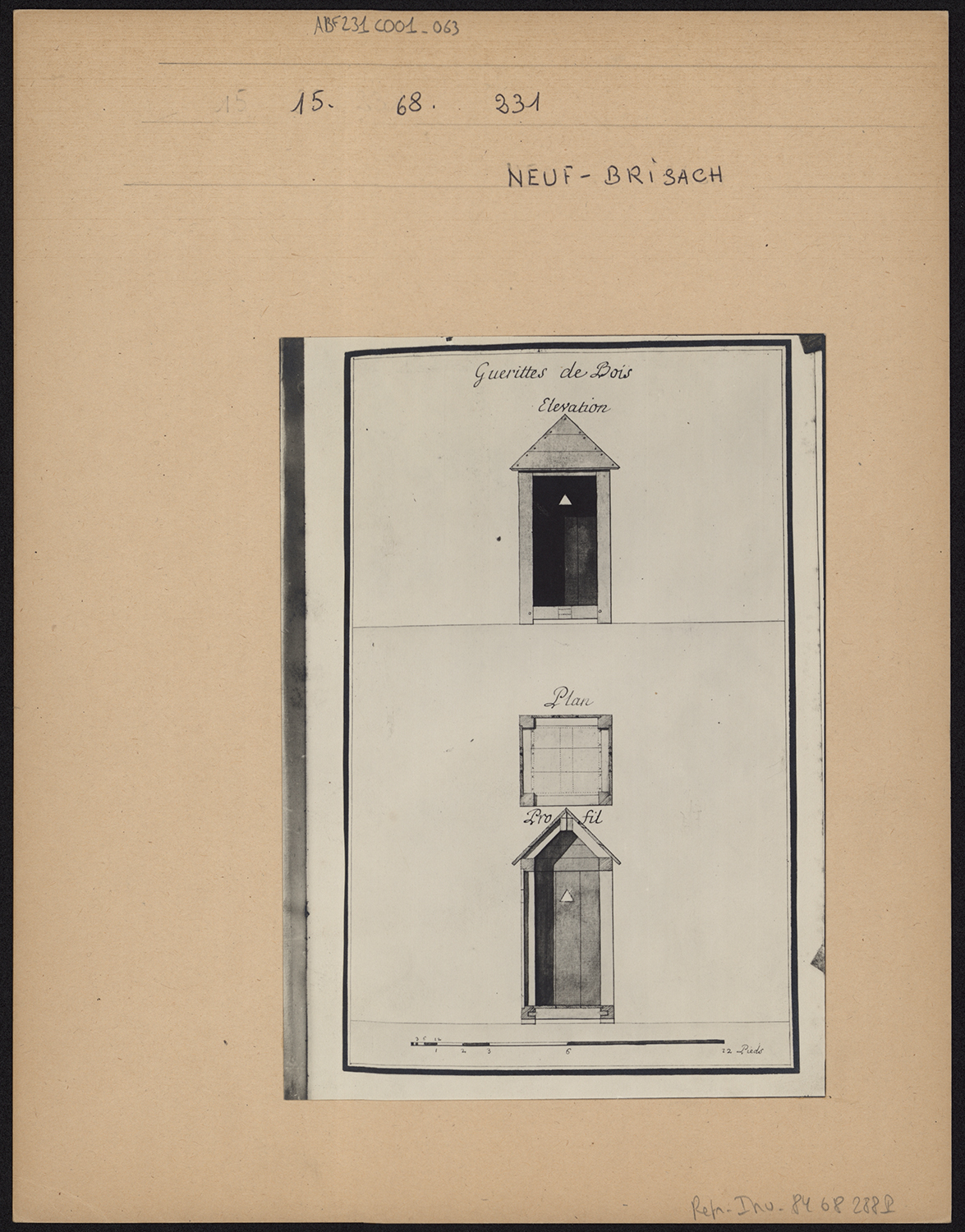 Plan de masse, élévation et coupe d’une guérite.